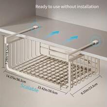 1pc (14inch-23inch) Extendable Shelf Hanging Basket, Under Cabinet Storage Basket Organizer, Suitable For Pantry, Kitchen Cabinet, Desk, Bookshelf, Space Saving Heavy Duty Slide-In - White - View 3