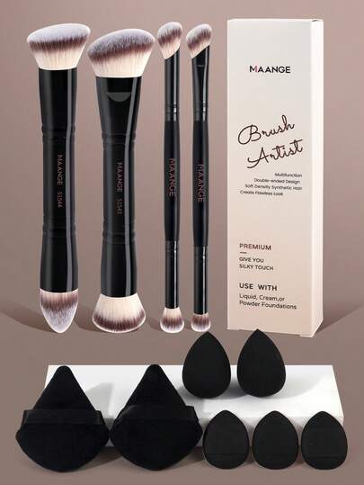 MAANGE 4/5/6/8/11件套化妆刷套装，包含4支双头化妆刷和2个配件，例如散粉刷、腮红刷、遮瑕刷、轮廓刷、鼻影刷、眼影刷、眉刷和细节刷。多用途化妆刷，触感温和，经久耐用，适合日常面部彩妆。适用于液体、膏状和粉状化妆品，可用于点涂、晕染和面部护理。