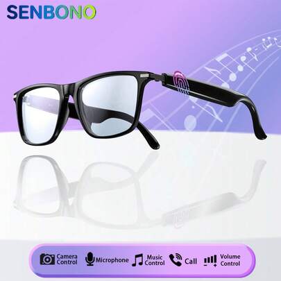  SENBONO 智能眼镜，多功能眼镜，具有无线通话、音乐播放、相机控制、音量控制、可充电 HIFI 音响、男女通用、适合徒步旅行、户外运动、驾驶、海滩旅行、带开放式耳机扬声器的太阳镜、兼容语音助手、男女通用太阳镜双扬声器和免提通话