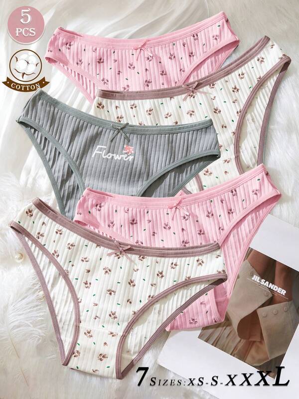 Calcinhas femininas de algodão com 5 peças, calcinhas de malha canelada, lingerie sexy romântica feminina, calcinhas triangulares respiráveis com laço, conjunto de roupa íntima e pijamas fofo para estudantes adultos, calcinhas femininas florais, calcinhas confortáveis e respiráveis, calcinhas com laço de cintura baixa, calcinhas florais estampadas com bolinhas, calcinhas triangulares para uso diário feminino, calcinhas simples básicas das quatro estações, calcinhas da moda para presente de Halloween, Natal e Ano Novo