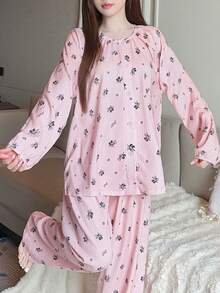 2 Stück/Set Damen Rosa Blumen Langarm Hemd und lange Hose Pyjama Set, Kragen Crinkle Stoff Loungewear, Herbstkleidung