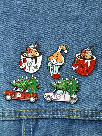 5개/세트 크리에이티브 & 패셔너블 크리스마스 시리즈 카툰 장식 - 크리스마스 트리, 자동차, 컵, 사탕, 양말, 브로치