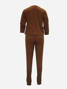 女士休闲圆领长袖衬衫（带口袋）和休闲裤（带口袋）两件套，适合户外活动和秋季穿着。 - 棕色 - 查看 9