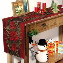 Christmas Poinsettia Table Runner - Knit Fabric Rectangular Holiday Table Decor, Festive Floral Design For Indoor & Outdoor Christmas Party Decorations