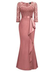 MIUSOL Elegant Women's V-Neck Contrast Lace Ruffle Satin Maxi Dress, Bodycon Split Hem,  Perfect For Formal Wedding Guest , Evening Party, Birthday - 藕粉色 - 查看 7
