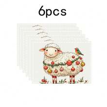 1 set/1 pièce/4 pièces/6 pièces Dessous de plat motif mouton et baie de houx de Noël, dessous de plat rectangulaires en polyester lavables en machine, protège-table, dessous de plat isolants, décorations de table de restaurant, fournitures de fête, décorations de Noël pouvant tous être offerts en cadeau