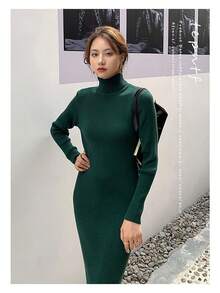 Women Sweater Dresses - Dark Green - View 2