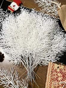 10pcs/5pcs Artificial Pine Branches Fake Green Plants Stems, Plastic Christmas Decor DIY Accessories, Fake Snow Pine Branches, Artificial Christmas Greenery Branches For Wreath Making, Home Kitchen Decor, Valentine's Day Decor, New Year Decor (Details Random, May Shed Powder) - White - View 3