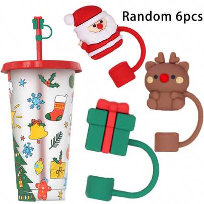 6 Stücke Strohhalm-Überzüge mit Weihnachtsthema, süße, wiederverwendbare Strohhalm-Kappen, staubdicht, Weihnachtsmann, Rentier, Geschenke