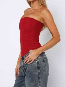 Elegant White Crop Top Mesh Semi-Sheer Corset Boned Overbust Lace Up Back Bodyshaper Tube Tops For  Daily Casual Wear,Music Festival Holiday Black Removable Corset Top, Concert Outfits - 紅色 - 查看 5