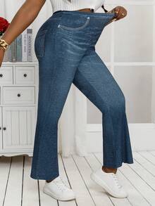 Plus Size Denim Effect Stretch Flare Leggings High-Waisted Loose Wide Leg Pants For For Everyday And Wear