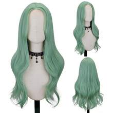 Long Mint Green Wavy Wig Middle Part Curly Wavy Wig Natural Look Synthetic Heat Resistant Fiber Wig, Suitable For Daily Party Use