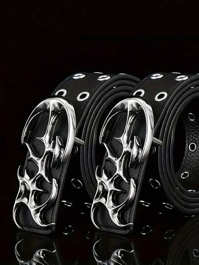 2条Y2K镂空PU皮朋克风男士腰带 - 秋冬季礼物或个人风格配饰，适合青少年、年轻男士，休闲、户外、运动、度假、毕业、生日、日常佩戴