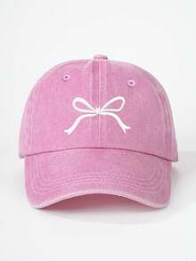 1pc Embroidered Bow Washed Baseball Cap, Breathable Adjustable Outdoor Golf Sun Hat For Women, Fashion Curved Brim Sun Hat For Men, Suitable For All Seasons, Couples Y2K Style