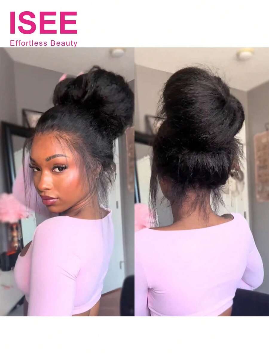 ISEE Invisi Draw-Strings Kinky Straight 360 Glueless Wig Pre-Cut Lace InvisiFit Strap Wear Go Wig Human Hair Pre Plucked Pre Bleached 180% Density 360 Full Lace Front Wigs 14-28 Inch