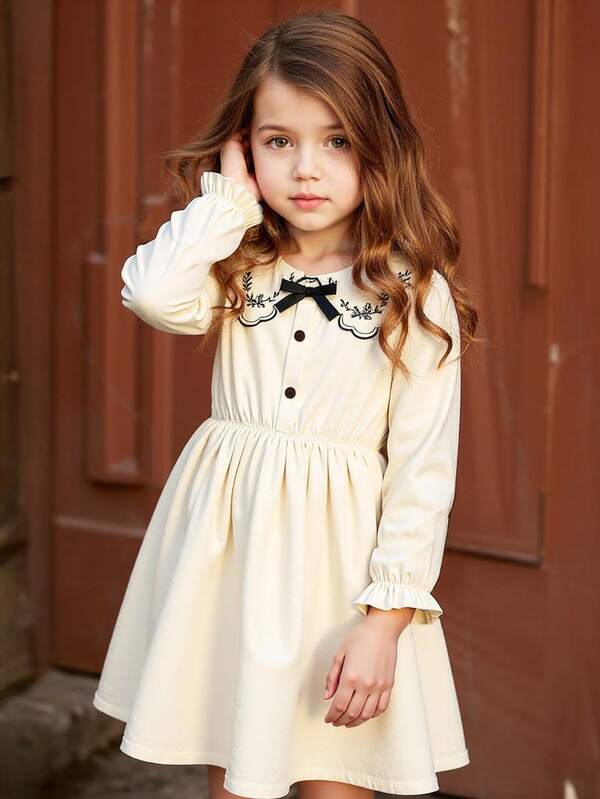 فستان خريفي للبنات مشدود الخصر، طوق جاكار أسود + أكمام منتفخة مطوية، أنيق وبسيط بطراز الغابة