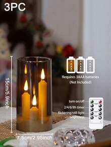 3 件三合一无焰锥形短蜡烛，带 10 键遥控器和定时器，电池供电 2 个 LED 亚克力 7.5 厘米 X 15 厘米柱状闪烁暖光，适用于生日、婚礼、万圣节、圣诞节氛围装饰 - 灰色