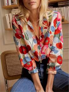 Women's Elegant Floral Shirt For All Seasons, Lapel Design, Button Details, Multifunctional Top For Adults, Fashionable Long Sleeve Shirt New Hot Selling Floral Top Showy - 紅色 - 查看 5