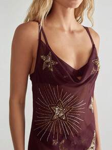 Sequin Long Dress For Women Summer Moon And Star Pattern Backless Spaghetti Strap Deep V Neck Sleeveless Dress - 棕色 - 查看 4