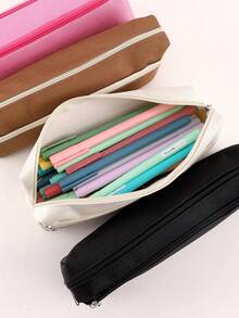 1 Solid Color Zipper Pencil Case, Pencil Case, Study Supplies, School Subjects, Luggage, Suitable For Schools And Offices, Student Stationery, Back To School Supplies, Women's Makeup Bag, Beauty Bag, Stationery Classification Storage Bag, School Supplies (White, Black, Pink, Brown)