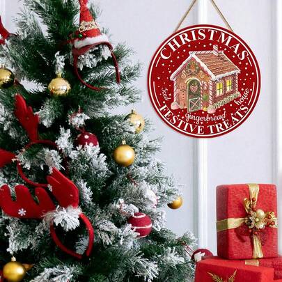 1set Christmas Decorative Wooden Hanging Ornaments,Cute Christmas Food Pattern, 11.5-Inch Round Wooden Sign For Front Door Decor,Equipped With Hemp Rope And Cute Christmas Stickers,Wooden Door Hanging Plaque - Christmas & Holiday Decorations For Home, Window, Wall, Indoor & Outdoor