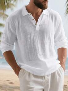Men's White Linen Polo Collar Long Sleeve Shirt, Half-Button Design, Suitable For Beach Vacation, Back To School, 4th Of July Gathering & Tropical Travel, Autumn/Winter Layering