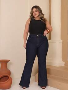 Calça Jeans Feminina Cintura Alta Plus Size Flare Elastano - Azul - Visão 11