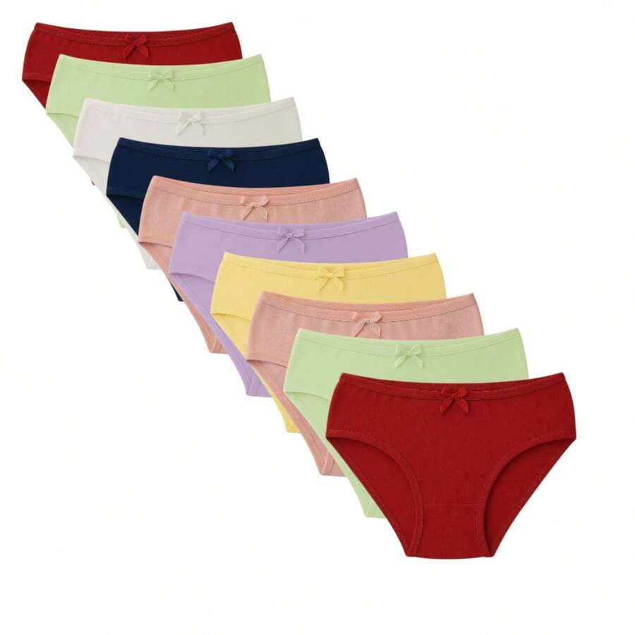 Kit Of 10 Girls' Panties, Cotton Thong, Youth Panties, Cotton Comfort, Plain, Various Colors - 彩色 - 查看 1