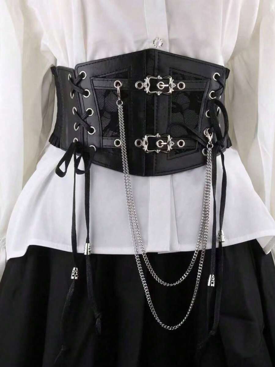 1 Piece Of Women's Dark Punk Style PU Leather All-Season Cinched Elastic Belt Waistband Casual Wide Waistband Suitable For Halloween Night Parties, Gatherings, Or Daily Wear - 黑色 - 查看 1