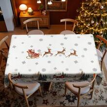 Toalha de mesa de Natal de 1 peça - Estilo europeu vintage, com Papai Noel aconchegante em trenó, casas, pinheiros, renas, decoração de flocos de neve - Tecido de poliéster durável - Serve para mesas retangulares, redondas e de jantar - Festa, casa, restaurante, decoração de inverno - Decoração de Natal fácil de limpar - Multicolorido - Ver 7