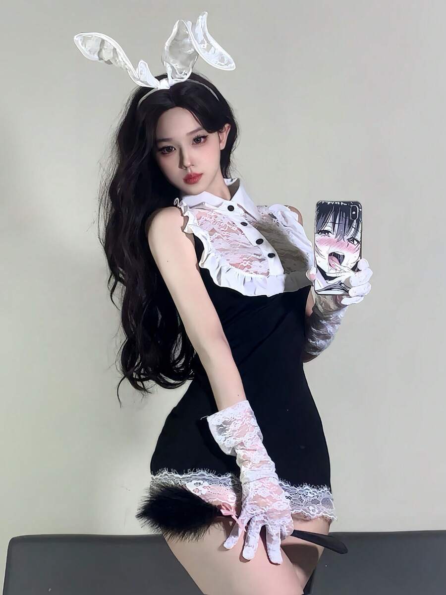 Lace Cute Girl-Style Seamless Bodysuit Set, Bodycon Skirt, Sexy Cosplay Bunny Girl/Maid Uniform, Suitable For Young Women, Christmas, Parties, Cosplay, Photo Shoots