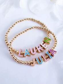 1pc Customized Vintage Letter Text Name & Blessing Ceramic Beads Stacked Bracelet Set, Suitable As Valentine's Gift For Women, Comes In Gift Box With Blue & White Ceramic Letter Disc Beaded Elastic Bracelet, Retro Fashion High-End Accessory