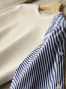 1pc Striped Patchwork Contrast Color Ribbed Button Women Blouse, Casual & Collegiate, Spring/Autumn