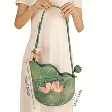 1Pc Lotus Pattern CrossBody Fashion Bag  –Chinese Style Women's Shoulder Bag, Exquisite Green & Pink Lotus Dragonfly Pattern, Lightweight Zipper Closure Bag For Travel, Vacation & Birthday Gifting - 1個 - 查看 8