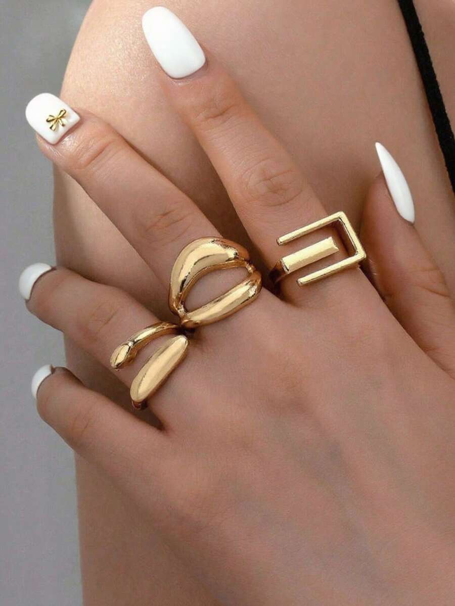 Bộ 3 món trang sức hình giọt nước may mắn phong cách Bohemian, thiết kế cá nhân hóa, họa tiết hình học, nhẫn chủ đề bãi biển mùa hè. - Vàng - Xem 1