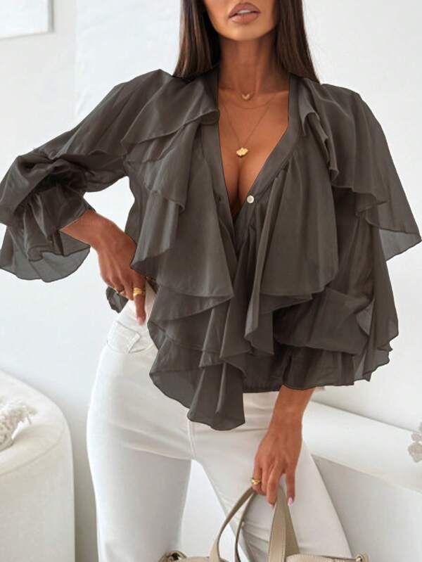 Blusa holgada de gasa con cuello en V, mangas farol, volantes y botones decorativos, estilo de moda, sexy y casual, transparente, tipo boho para playa, primavera, verano y otoño