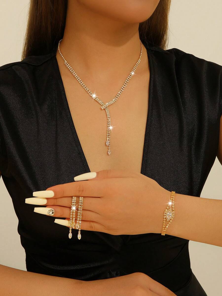 Modisches Schmuckset: Vollständig mit Strass-Zirkonia besetzte Halskette + Ohrringe + Armband, Hochzeitskleid Schmuck