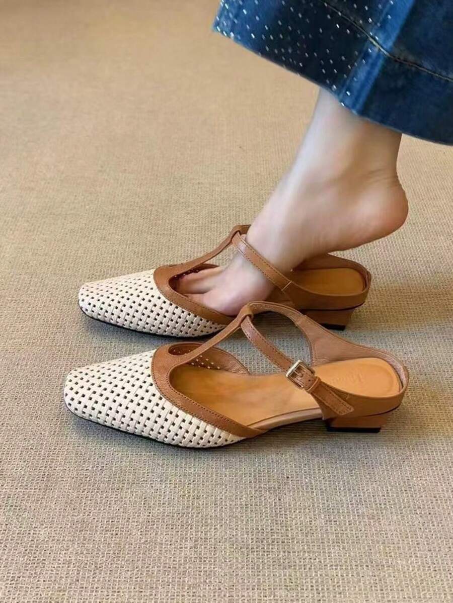 Classic Retro Solid Color Buckle PU Leather Slip-On Flats, Suitable For Beach, Wedding, Party, Office, Indoor & Outdoor, Spring/Summer