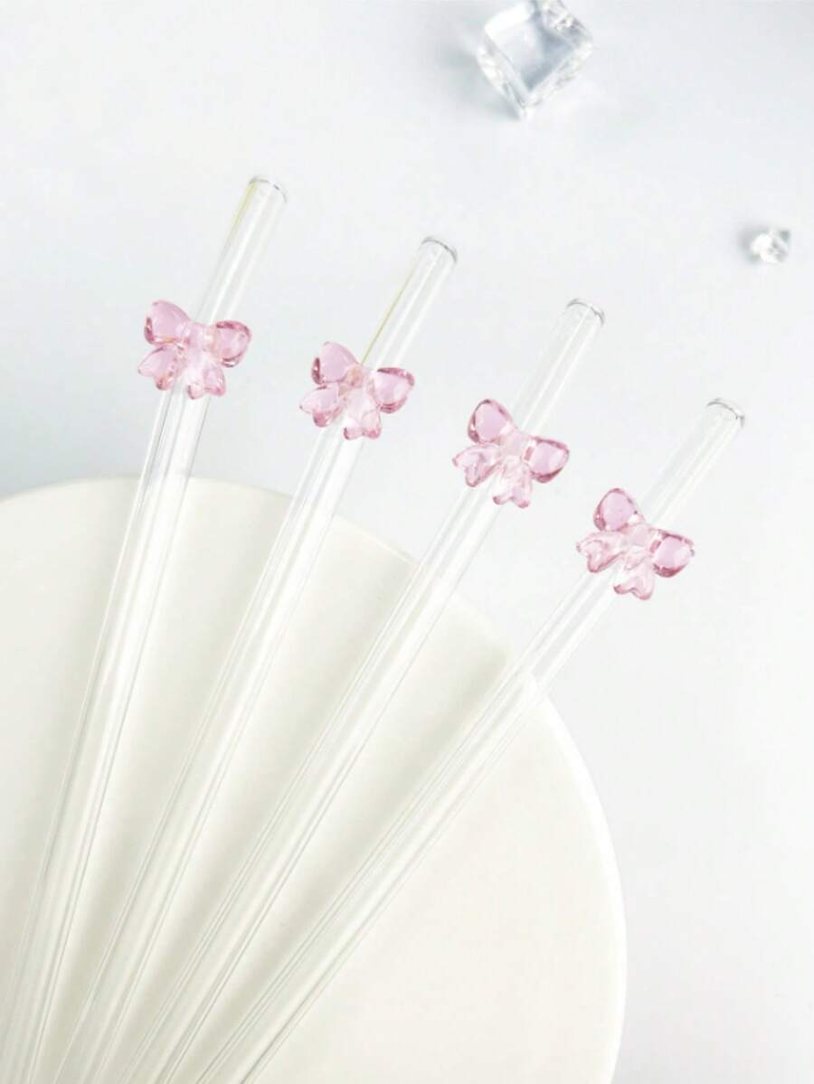 1/2/4/6/8pcs Cute Cartoon Pink Bow Glass Straws, Reusable Bent Glass Straws Suitable For Milkshakes, Milk, Tea, Juice, Cocktails And Cold Drinks, Girlfriend Gift, Dessert Shop, Sparkling Water, Snack Bar, Office, Bar, Restaurant