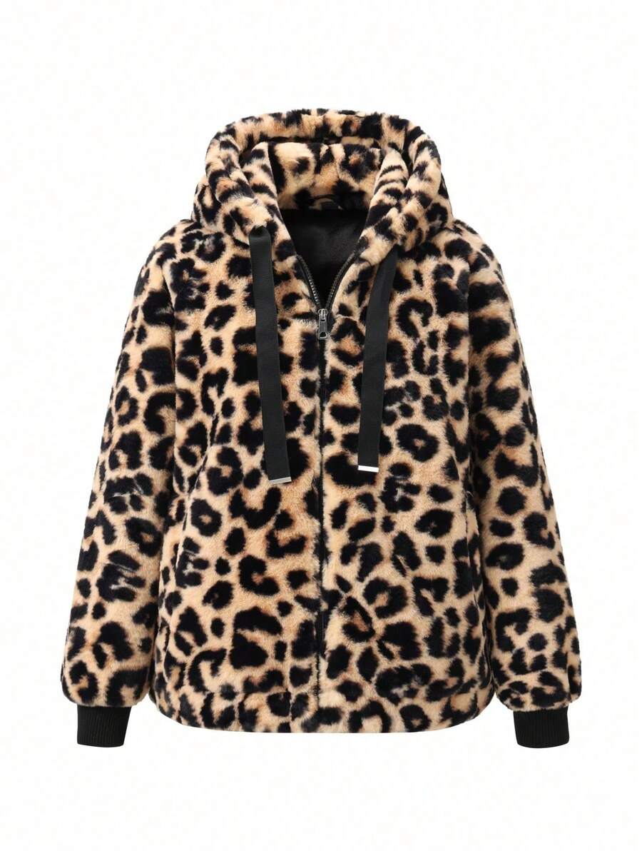 Women's Short Winter Coat With Hood And Pockets - Floral Fleece Jacket With Drawstring