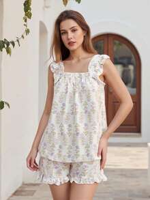 Women Floral Print Summer Set Square Neck Flutter Sleeve Loose Tank Tops Ruffled Shorts 2-Piece Outfits - Multicolor - View 6