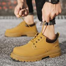 Sapatos de Couro Outono Masculino, Oxford de Sola Grossa Retrô Preto, Botas de Trabalho Externo, Botas de Cano Baixo, Estilo Britânico