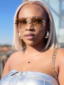 1 Pair Metal Double-Beam Glasses, Toad Eye Glasses, Frameless Personalized Fashion Glasses, Versatile Elegant Casual Women's Glasses, Suitable For Daily Wear, Street Photography, Vacation Travel, Summer Beach Accessories, Women's Accessories, Back To School Season, Gifts For Girlfriend On Holidays/Birthdays - Gradient Tea - View 3