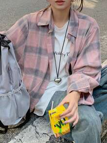 Pink Plaid Long Sleeve Shirt, Casual Loose Fit Suitable For Early Autumn Spring - Pink - View 3