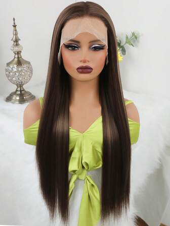 Long Straight Brown Highlights Blonde Synthetic Lace Front Wigs Glueless Soft Hair Silky 13X4 Front Lace Wig For Women 26 Inches Heat Resistant Fiber Hair Natural Hair Line Middle Part Wig Daily Use