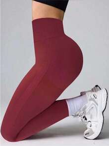1pc Women Seamless Yoga Pants, Waist Slimming, Butt Lifting, High Elasticity, Slim Fit, Suitable For Yoga, Running, Cycling, Fitness And Other Sports - Burgundy - View 8