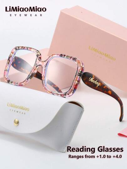 LiMiaoMiao Extra Large Square Vintage Reading Glasses For Men & Women, Clear Transparent Computer Reading Magnifying Glasses +1.0 To +4.0, With Case & Cloth, Suitable As Holiday Gift