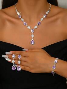 Fashion Purple Jewelry Set, Zirconia Necklace & Earrings - 1662796 Purple Jewelry Set - View 1