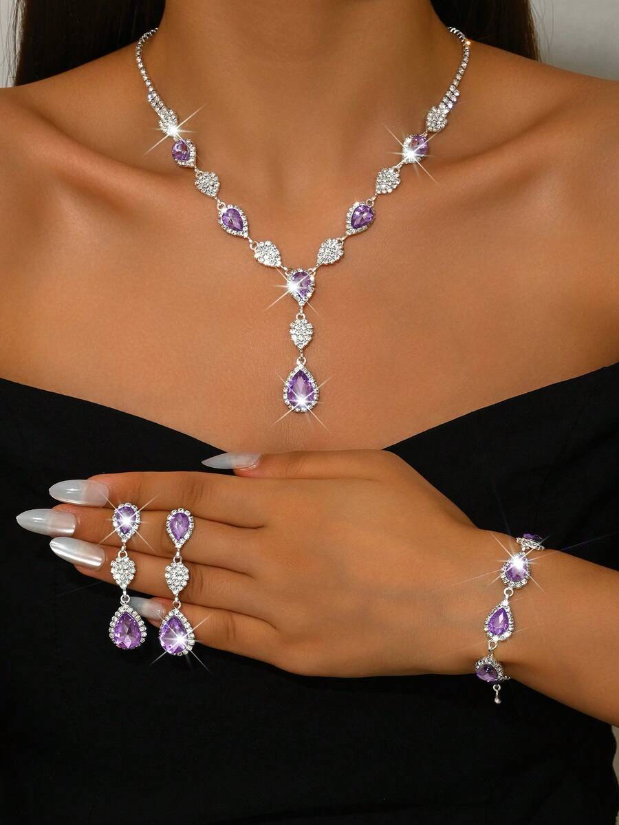 Fashion Purple Jewelry Set, Zirconia Necklace & Earrings - 1662796 Purple Jewelry Set - View 1