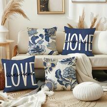 Capas de almofada decorativas florais azuis 2D, 4 peças - 45 x 45 cm, estampa de um lado, decoração de casa de fazenda, texto de amor impresso, fecho de zíper e capas de almofada decorativas laváveis para sala de estar, quarto, sofá, varanda, não incluso